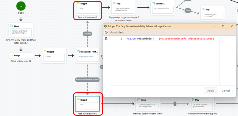 The script for voice biomentrics in an IVR showing two SNIPPET actions that contain the voice bio session ID variable assignment.