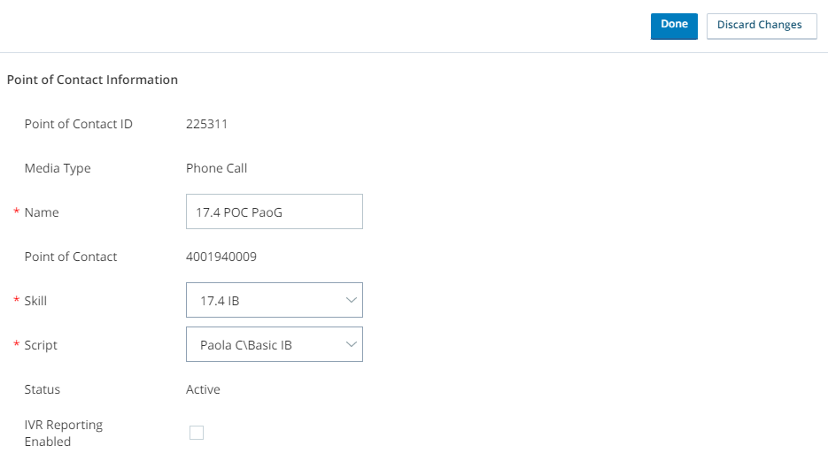 The Details tab in a point of contact in the ACD application in CXone Mpower, with a script selected. 