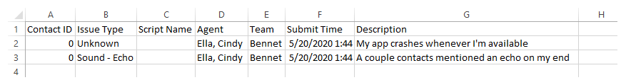 Screenshot of agent issues in a .CSV file.