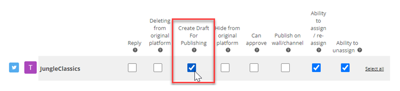 The channel name is on the left. The Create Draft for Publishing checkbox is third in the row next to it.