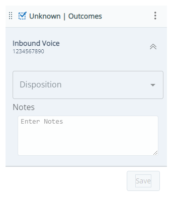The Outcomes window shows the contact's name, a drop-down for Disposition, and a Save button. It may also show fields for Tags and Notes.