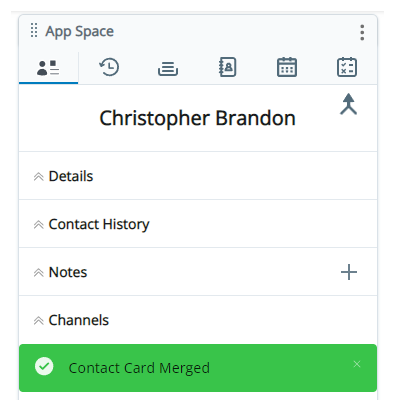 A green box appears at the bottom of the customer card that says: Contact Card Merged.