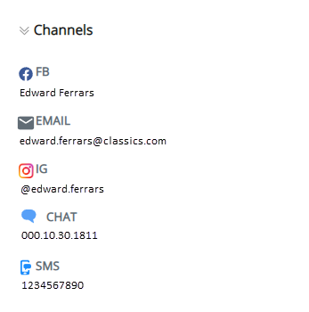 The Channels section is expanded, showing the contact's info for Facebook, Email, Instagram, Chat, and SMS.