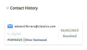 The Contact History section is expanded, showing a past email interaction, the agent who handled it, the date, and the outcome.