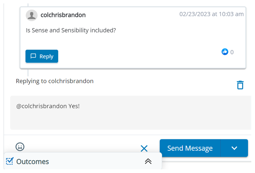 A contact's social platform comment. The Reply button is clicked. The contact's username is at mentioned in the text box.