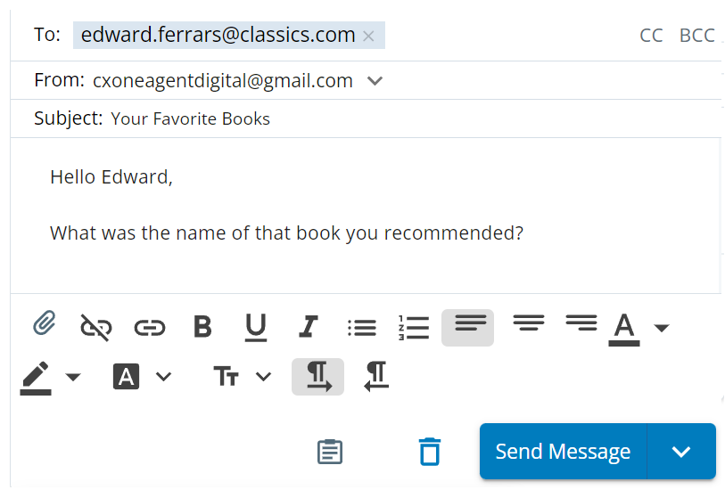 An email draft. Includes To, From, and Subject lines, CC and BCC, a text box, text editor options, and a send button.