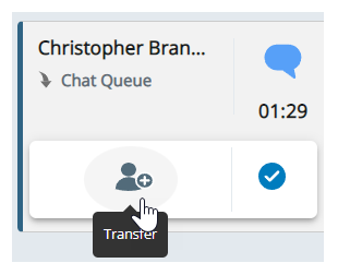 An inbound chat. The cursor hovers over the Transfer icon: a person with a plus sign.