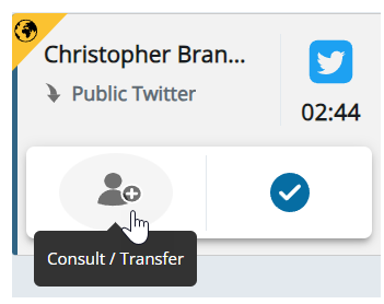 An active Twitter interaction. The cursor hovers over the Transfer icon: a person with a plus sign.