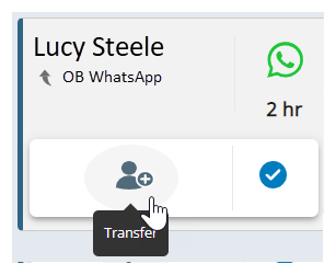 An active WhatsApp message in CXone Agent. The cursor hovers over the Transfer icon, a person with a plus sign.