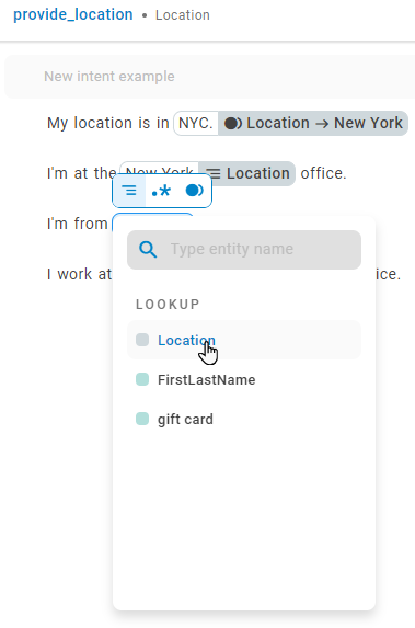 Image shows adding an example to the Location entity from an intent example.