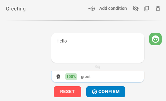 The Greeting rule showing the contact's message and the bot's 100% intent prediction.