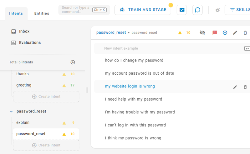 The Intents tab, showing the examples for the password_reset intent.