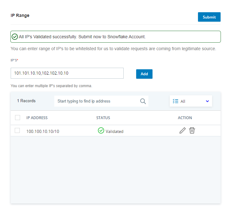 Screenshot of the IP Range section of the Data Share page. It contains one verified IP range and has the Submit button enabled.