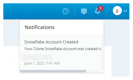 Screen capture of a Snowflake Account Created notification in CXone.