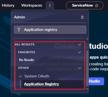 The three dots icon is clicked, and a drop-down appears. In that drop-down, Application registry has been searched and appears as an option.