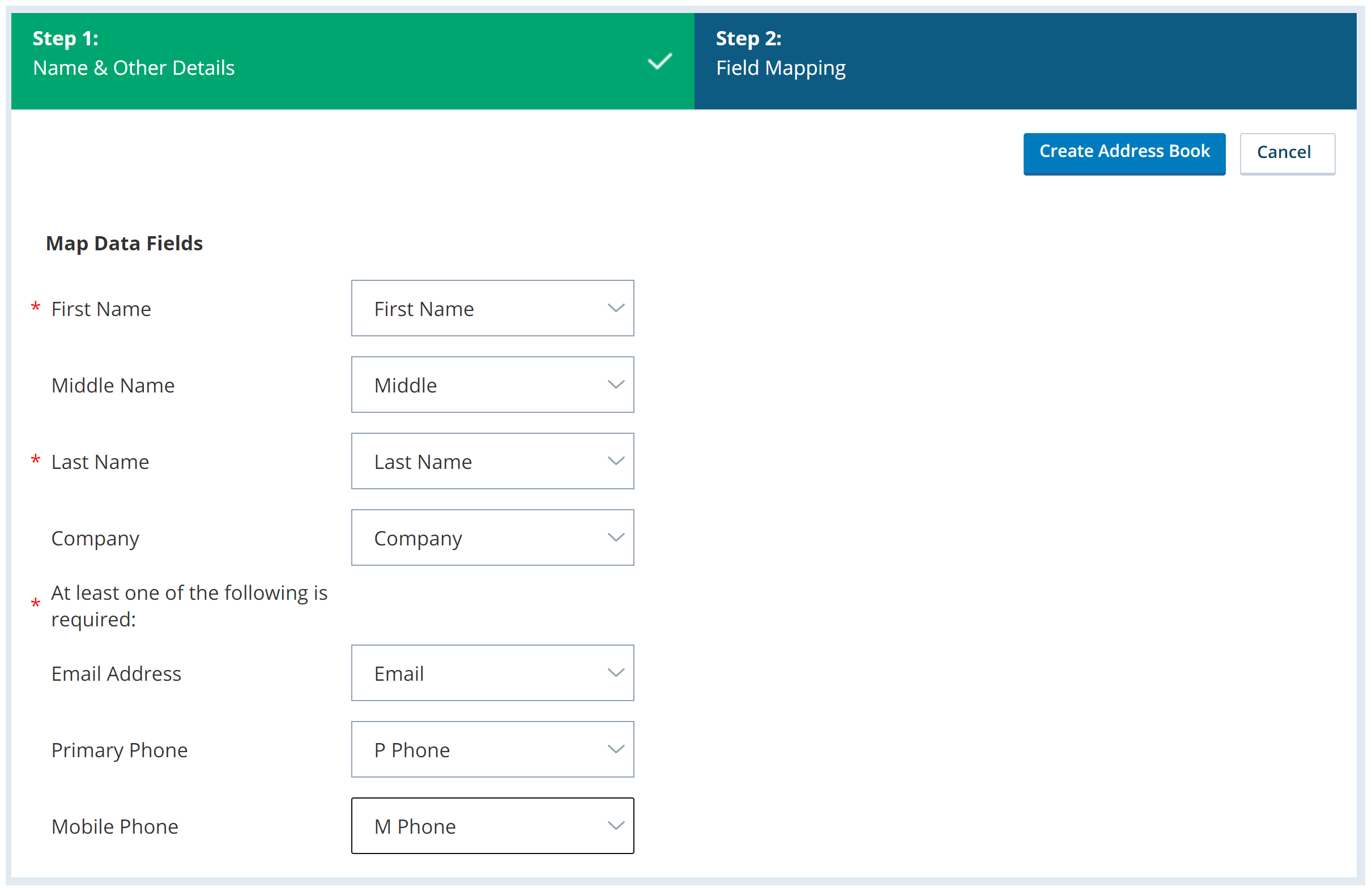 Image of the field mapping screen used when you upload contacts to an address book