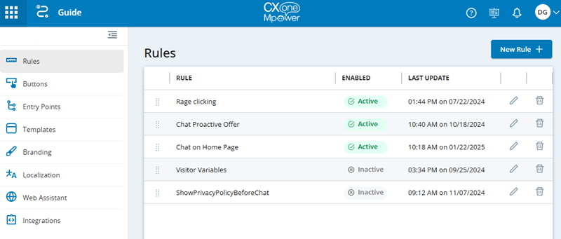 The Guide administration page with commands on the left for creating and managing engagement rules