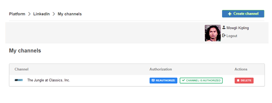 Screenshot of the LinkedIn channels page where you can add a LinkedIn channel or manage existing LinkedIn channels.