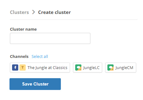 The Clusters page, where you can create a cluster of channels for dashboard widgets in Digital Experience.