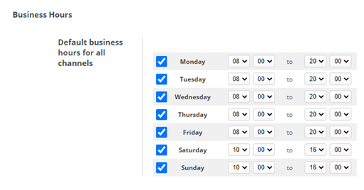 The page where you can set business hours for each day. 