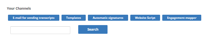 buttons for email for sending transcripts, templates, automatic signatures, website script, and engagement mapper above a search bar