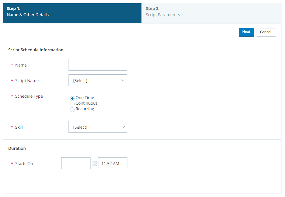 The page when creating a script schedule.