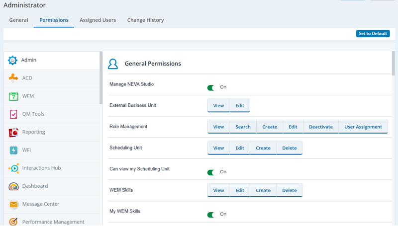 The Permissions tab in the default Administrator role.