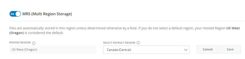 Image of the Storage Settings page with MRS (Multi-Region Storage) turned on