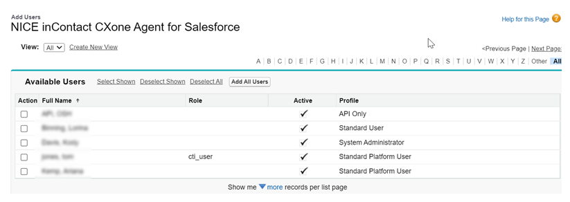 List of users in Manage Licenses for NICE inContact CXone Salesforce Agent.