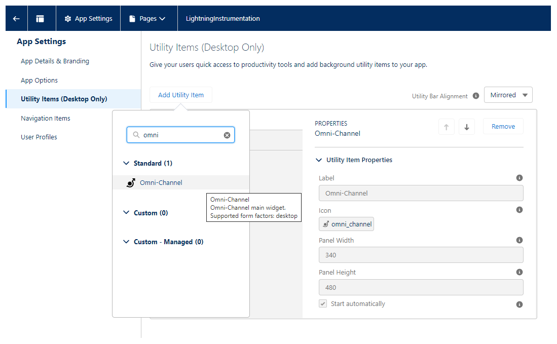 The Utility Items page in the Lightning App Builder. The Add Utility Item button is clicked, and the search box contains the word "Omni".