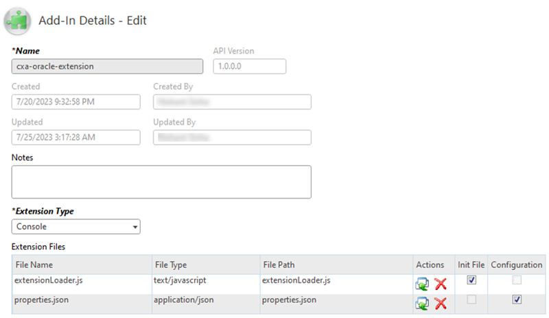 The Add-In Details editor. Fields, including Name, Notes, and Extension Type appear at the top. The Extension Files table is under that.