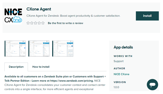 The CXone Agent Zendesk Marketplace listing. Provides overview information of the app and a button to Install.