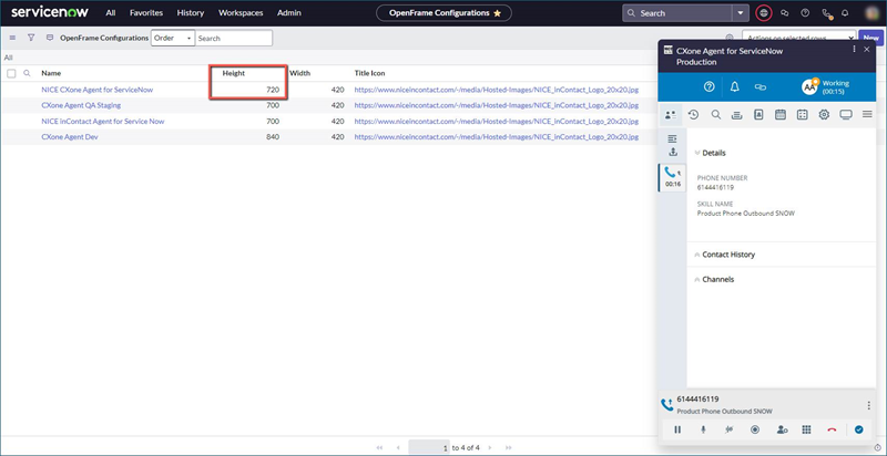 In ServiceNow height is set to 720. Agent Embedded is full size.