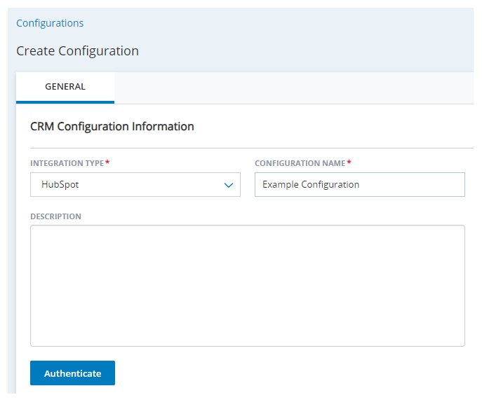 The Create New Integration page in Agent Integrations, with fields for Integration Type, Configuration Name, and Description.