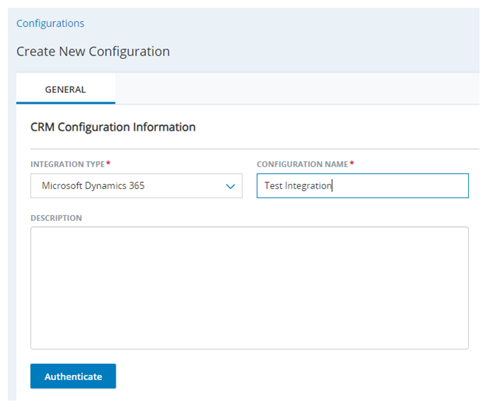 The Create New Integration page in Agent Integrations, with fields for Integration Type, Configuration Name, and Description.