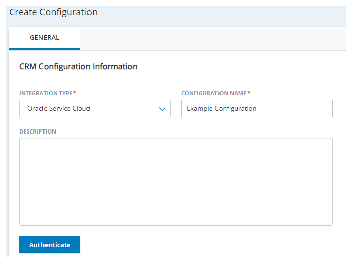 The Create Configuration page in Agent Integrations, with fields for Integration Type, Configuration Name, and Description.