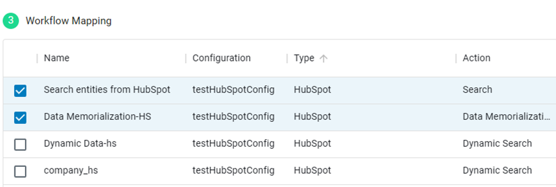 In the Workflow Mapping section, Search entities from HubSpot and Data Memorialization are selected.