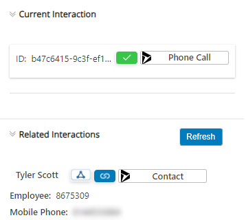 A task record appears in the Current Interaction section of the customer card. The Relates To icon appears next to it.