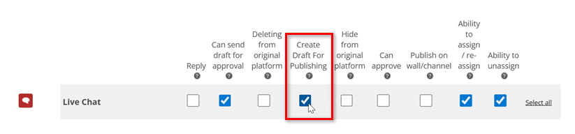 The channel name is on the left. The Create Draft for Publishing checkbox is fourth in the row next to it.