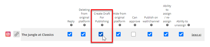 The channel name is on the left. The Create Draft for Publishing checkbox is third in the row next to it.