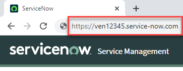 ServiceNow is open in a browser, and the URL at the top is highlighted.