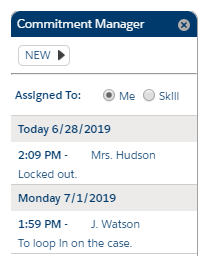 Commitment Manager in Salesforce Agent, showing upcomign commitments.