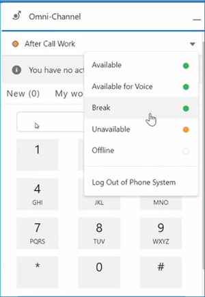 The Status bar in Agent Workspace for Salesforce Voice (Agent for SCV) expanded to show the available stauts options, such as Available and Offline.