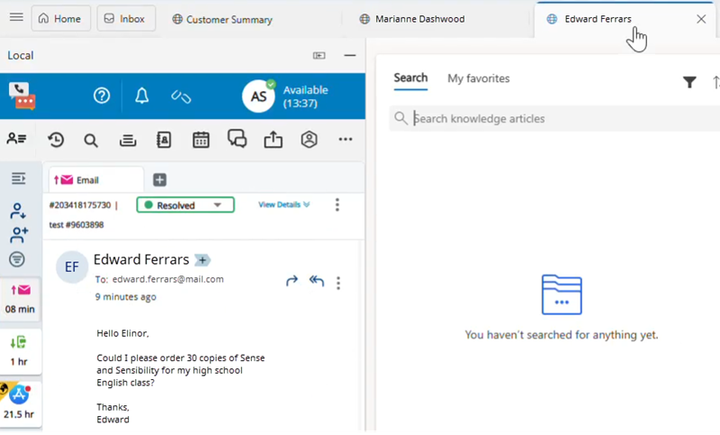 In Microsoft Dynamics, Edward's session is selected. In Agent Embedded, Edward's email opens.