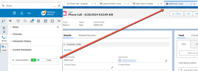 The case record in the Current Interaction section in CXone Agent Embedded is open in Salesforce.