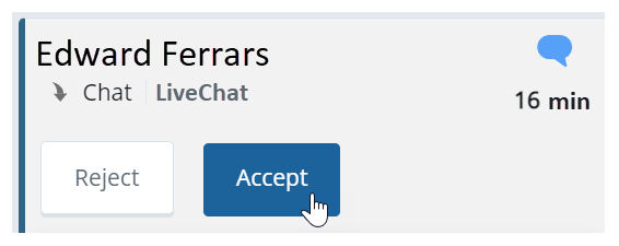 An inbound chat. Shows the contact name, the chat icon, and reject and accept buttons.