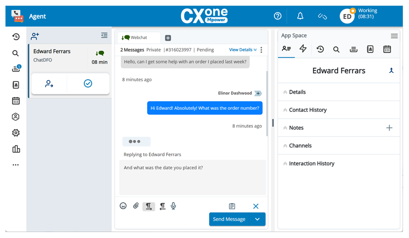 A left menu with icons for navigation, active interactions in the middle, and the app space on the right.