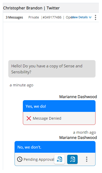 The contact's message appears, with the agent's proposed message below in blue. Icons for Deny, Approve, and Options appear below that.