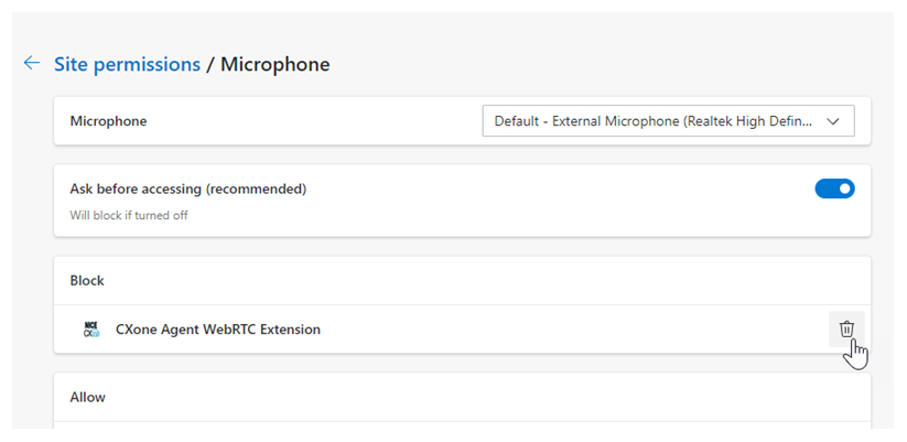 CXone Agent WebRTC Extension is listed under Block. The cursor hovers over the Remove icon of a trash can.