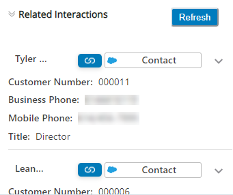 The Related Interactions section is expanded, showing the records' names, data fields, and buttons to link and open each record.